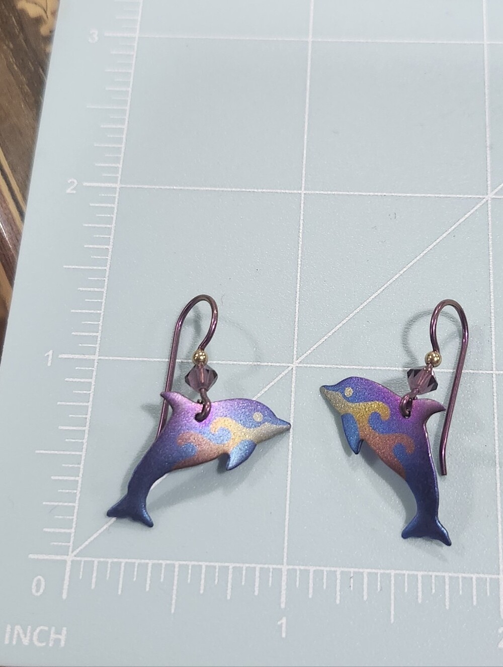 Signed Purple Multicolor Niobium Dolphin Hook Earrings